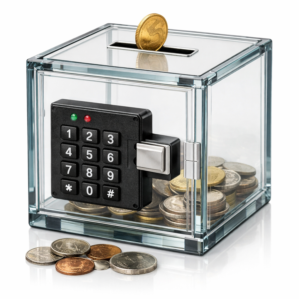 A transparent safe with coins inside and a combination lock